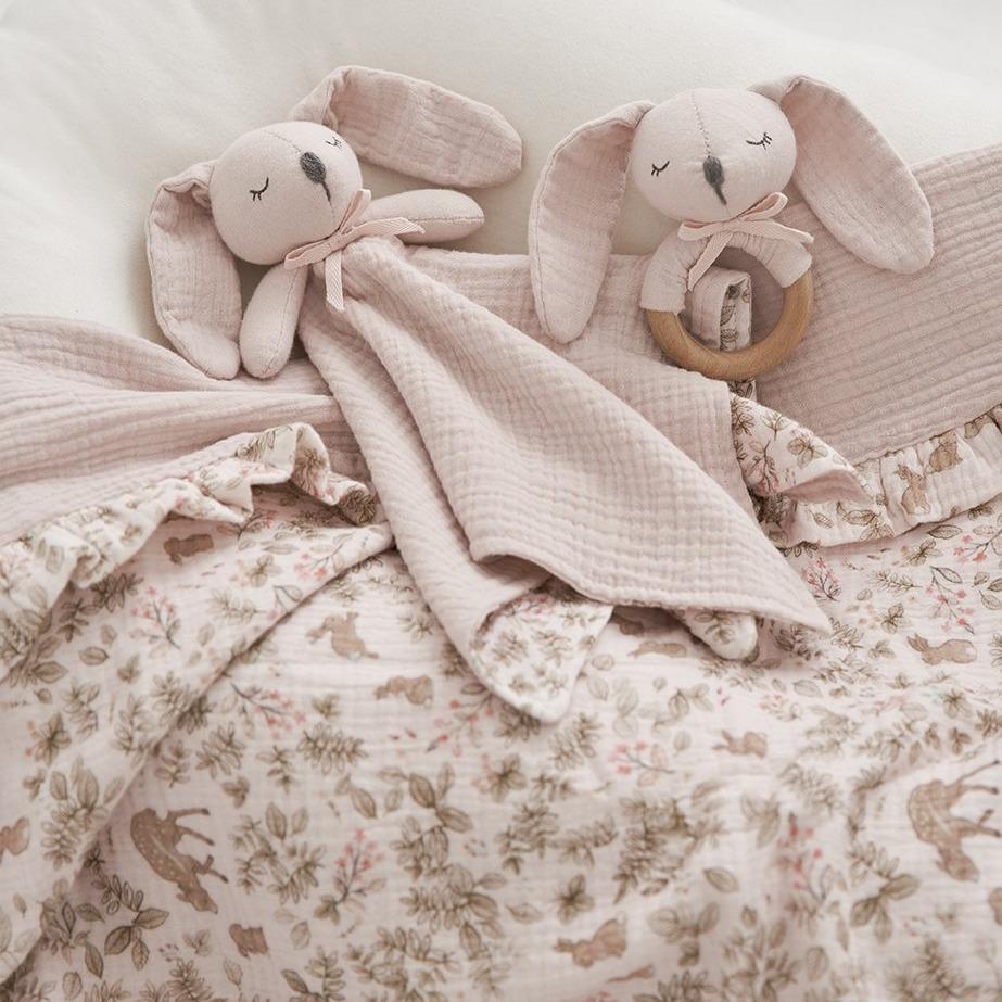 Organic muslin bunny security blanket in dusty rose by Elegant Baby 