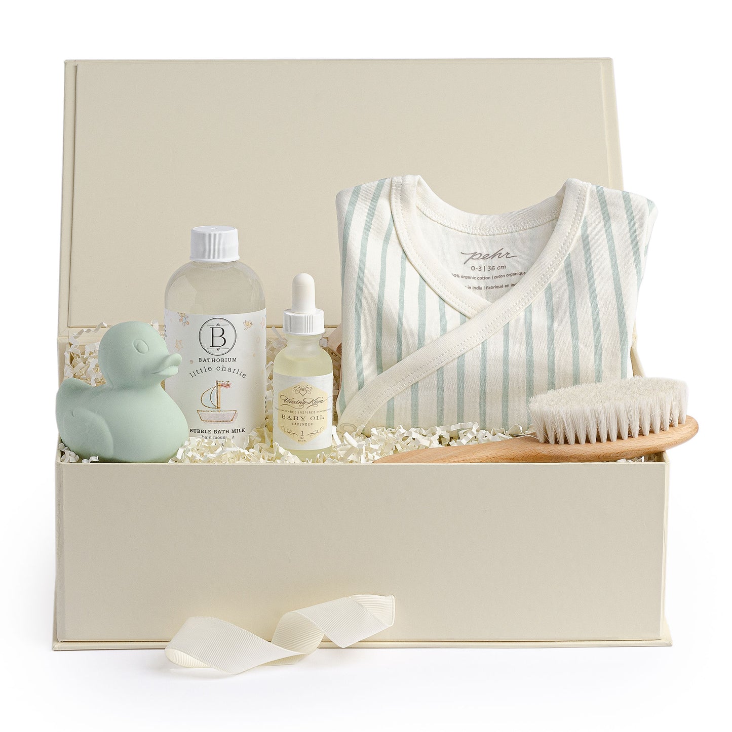 Anna & Amy baby bath gift box filled with mint rubber duck, lavender baby oil, wooden baby brush and bubble bath.