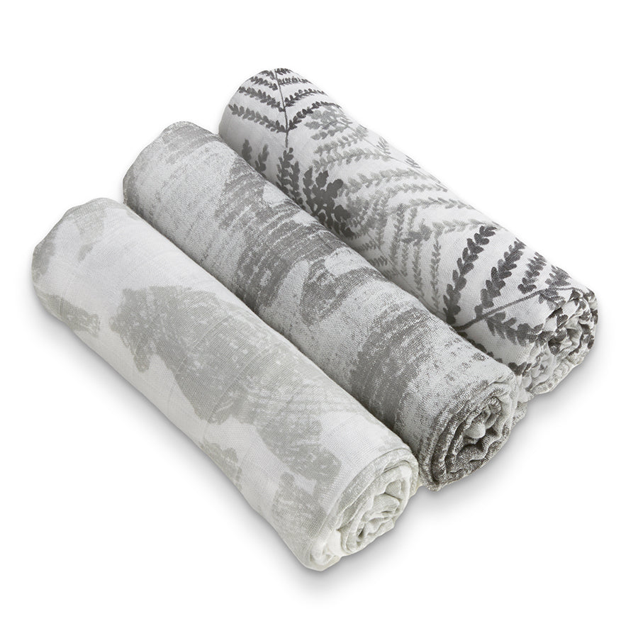 three pack gray and white muslin swaddle set for baby made by Aden + Anais
