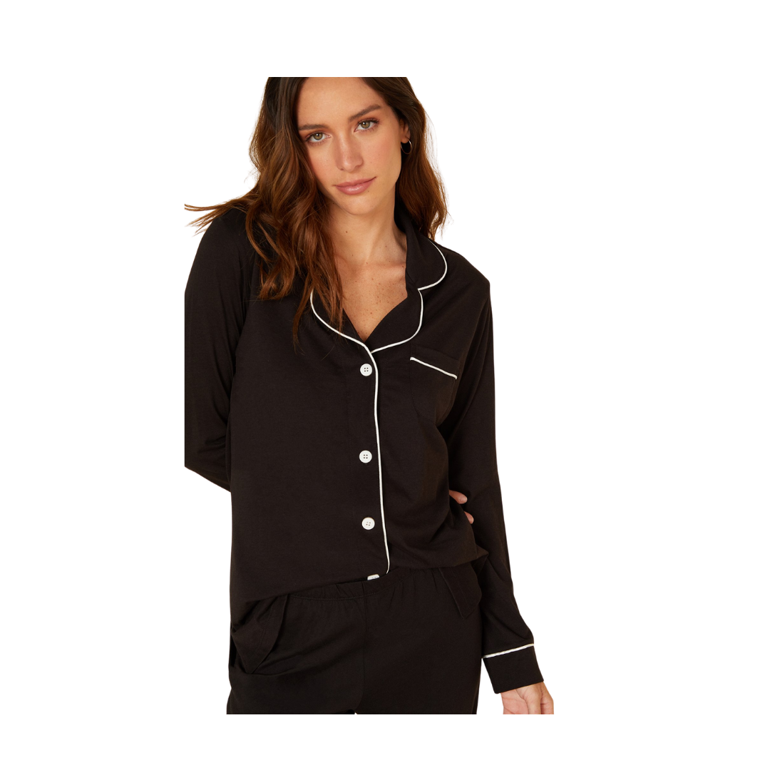 Cosabella black adult pajamas with white piping.