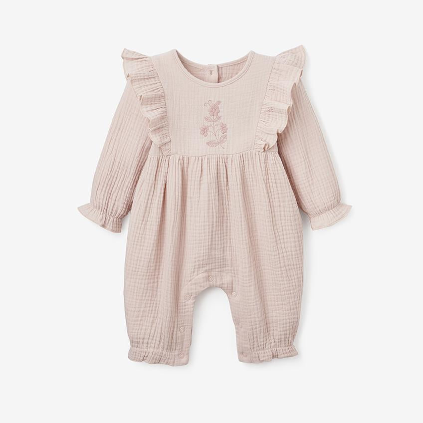 dusty pink organic muslin long sleeve jumper with floral embroidery by Elegant Baby