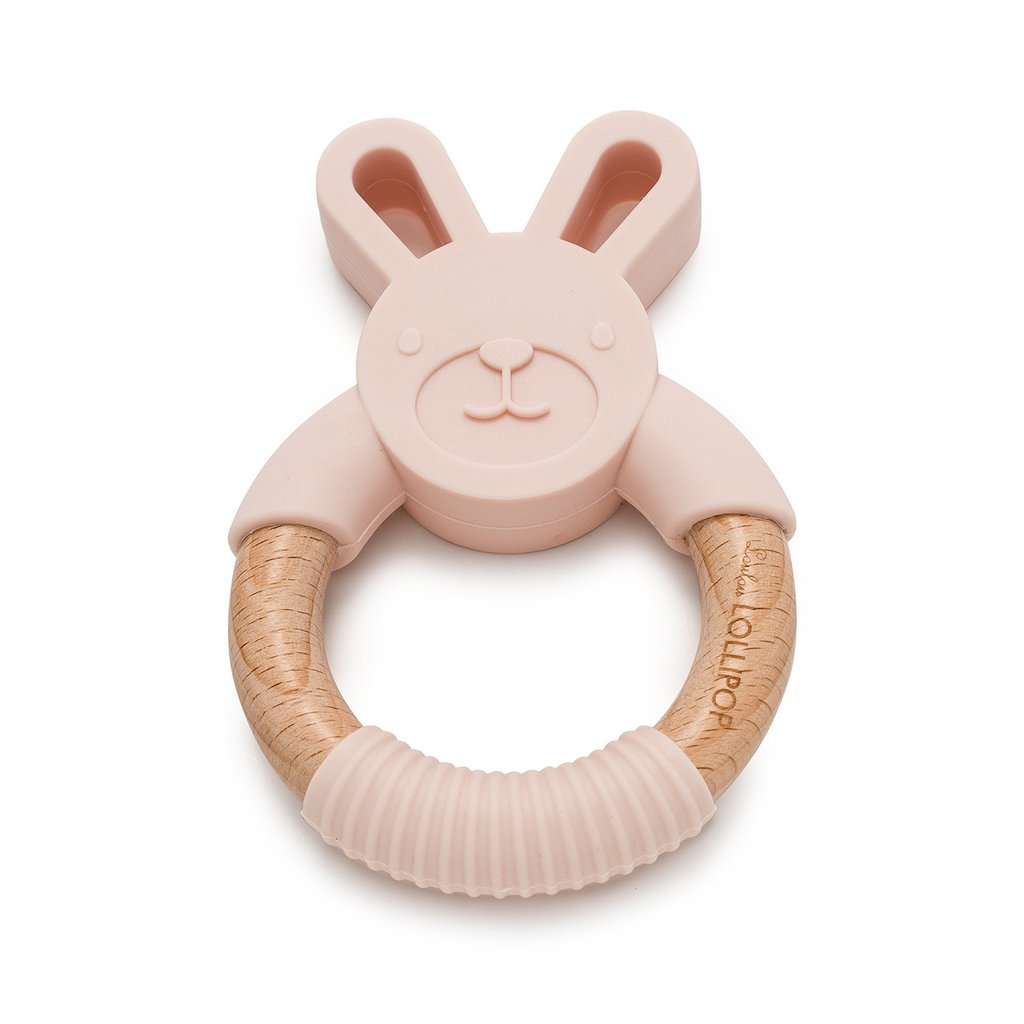pink silicone and wood baby teether