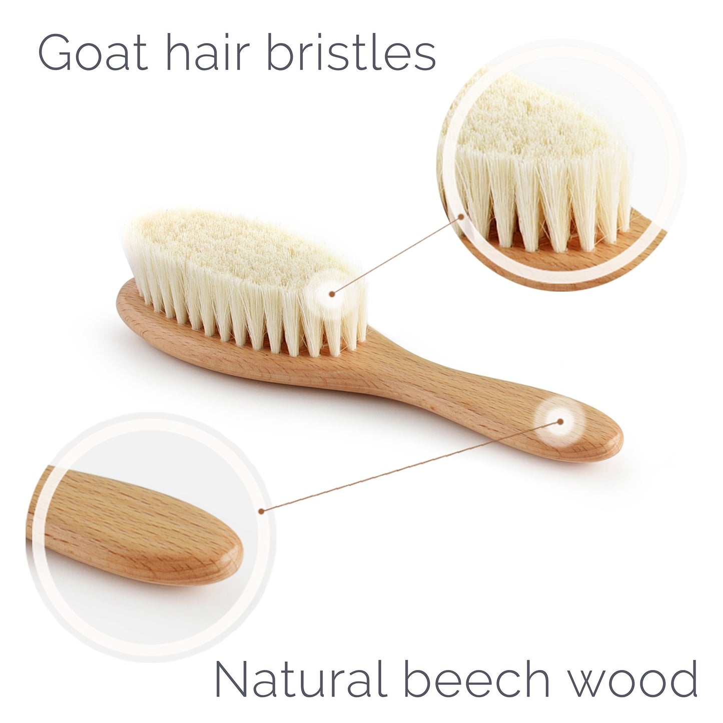 wooden baby hair brush with goat hair bristles