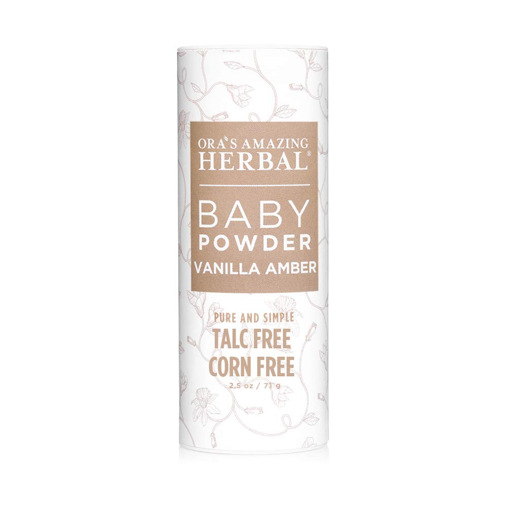 organic talc and corn free baby powder lightly scented with vanilla amber.