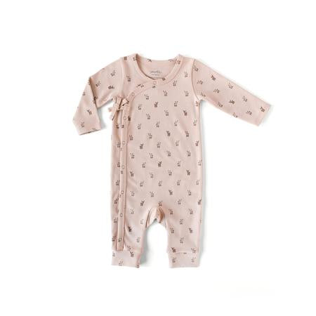 dusty pink organic cotton baby romper with fawn print