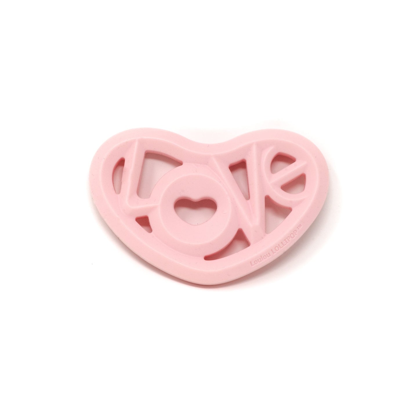 pink silicone heart teether made by Loulou Lollipop