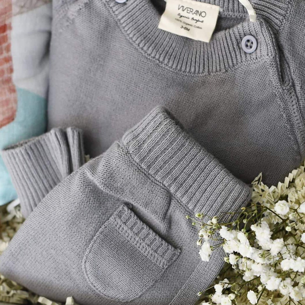 Gray knit baby leggings with back pocket made by Viverano.