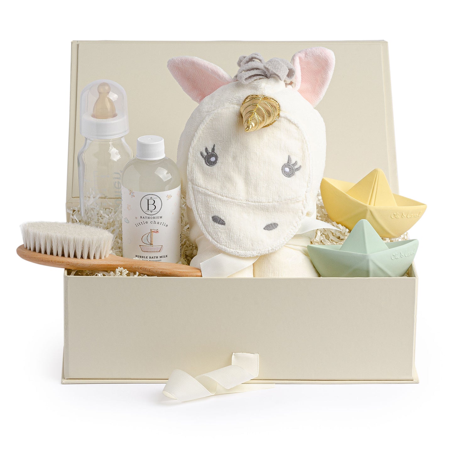 Anna & Amy bath gift box with bath wrap, bath toys, hair brush, glass bottle and bubble bath.