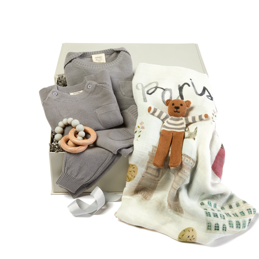 baby boy gift box with clothes, knit bear, teether and Paris swaddle