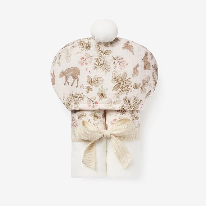 organic cotton bath wrap with a fawn print.