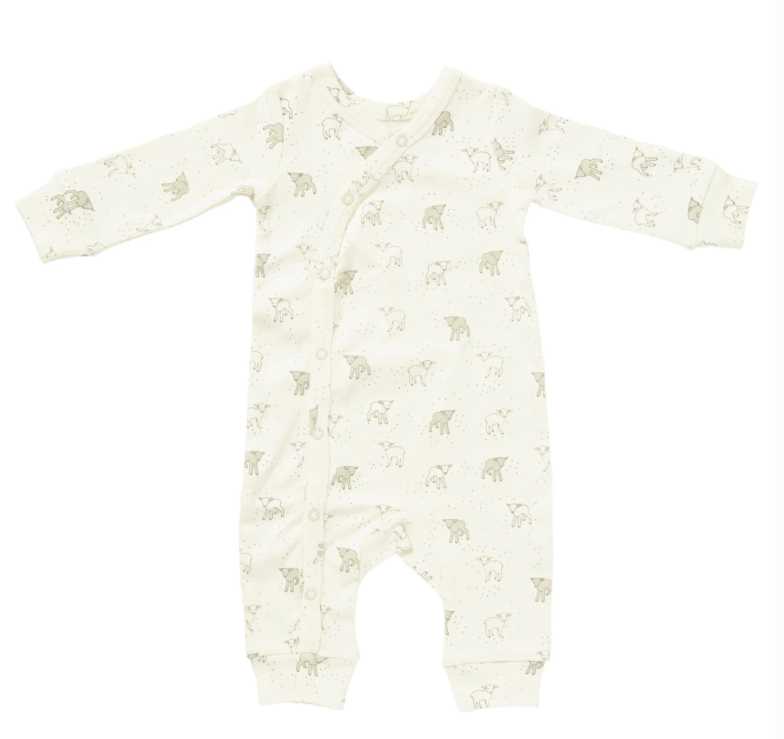 white organic romper with grey lambs by petit pehr