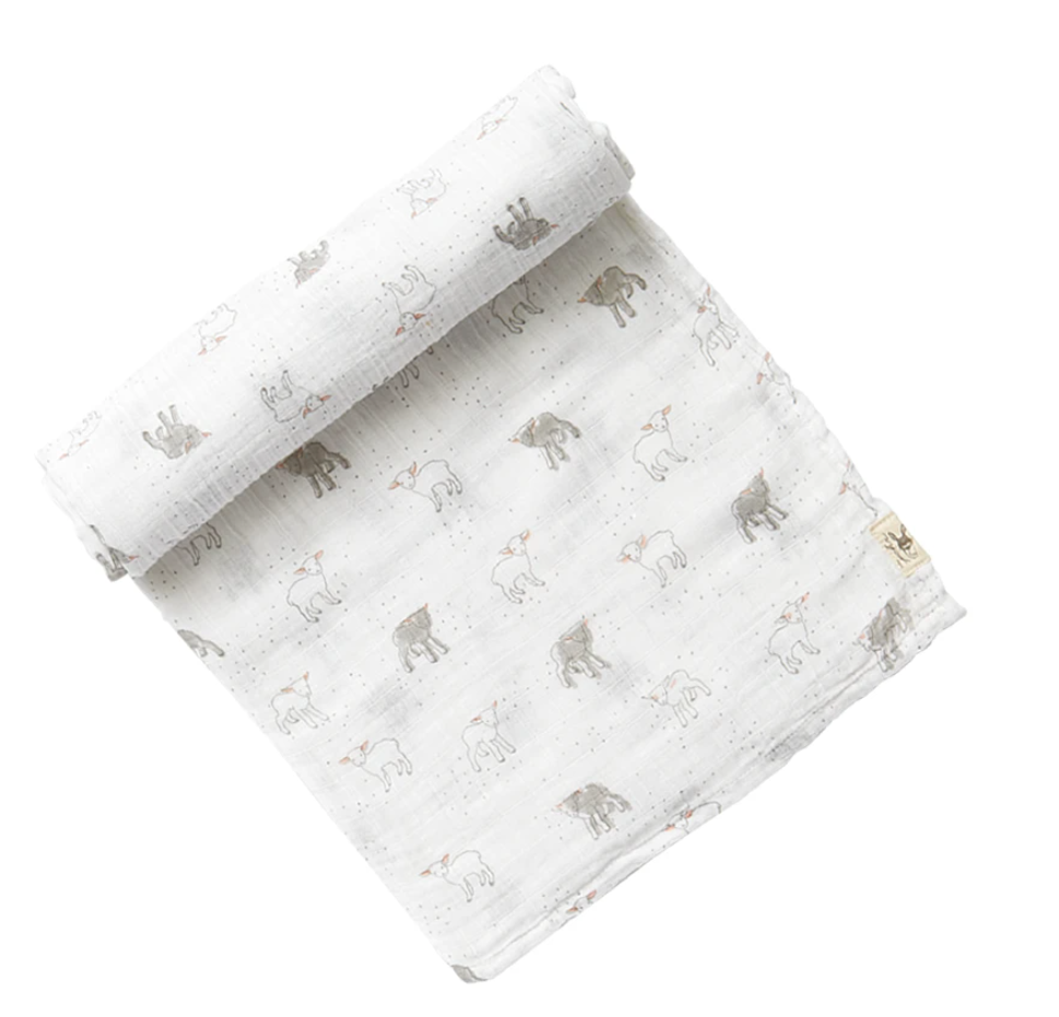 white swaddle with grey lamb print