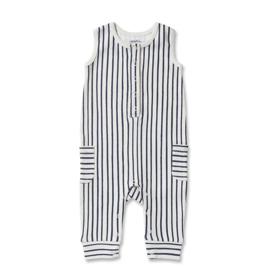 organic navy blue striped sleeveless boy romper made by Pehr